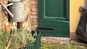 A green door labeled 'SAUNA' with a window above it, a metal bucket hanging on a pole, and a brick wall. - Il Salice Bed & Breakfast - Room Lavender (Veruno)
