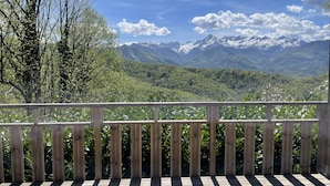 A wooden deck with a view of snow-capped mountains and a forested valley.
