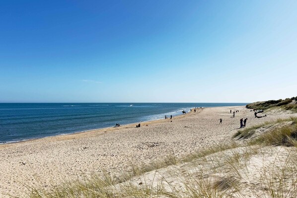 A beach with people walking and sitting, clear skies, and the ocean.