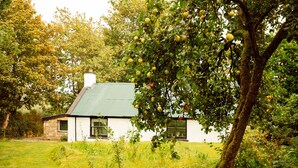 Een wit huis met een groen dak, omgeven door een grasveld en bomen.