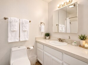 Secadora de cabello, bidet, toallas, jabón 