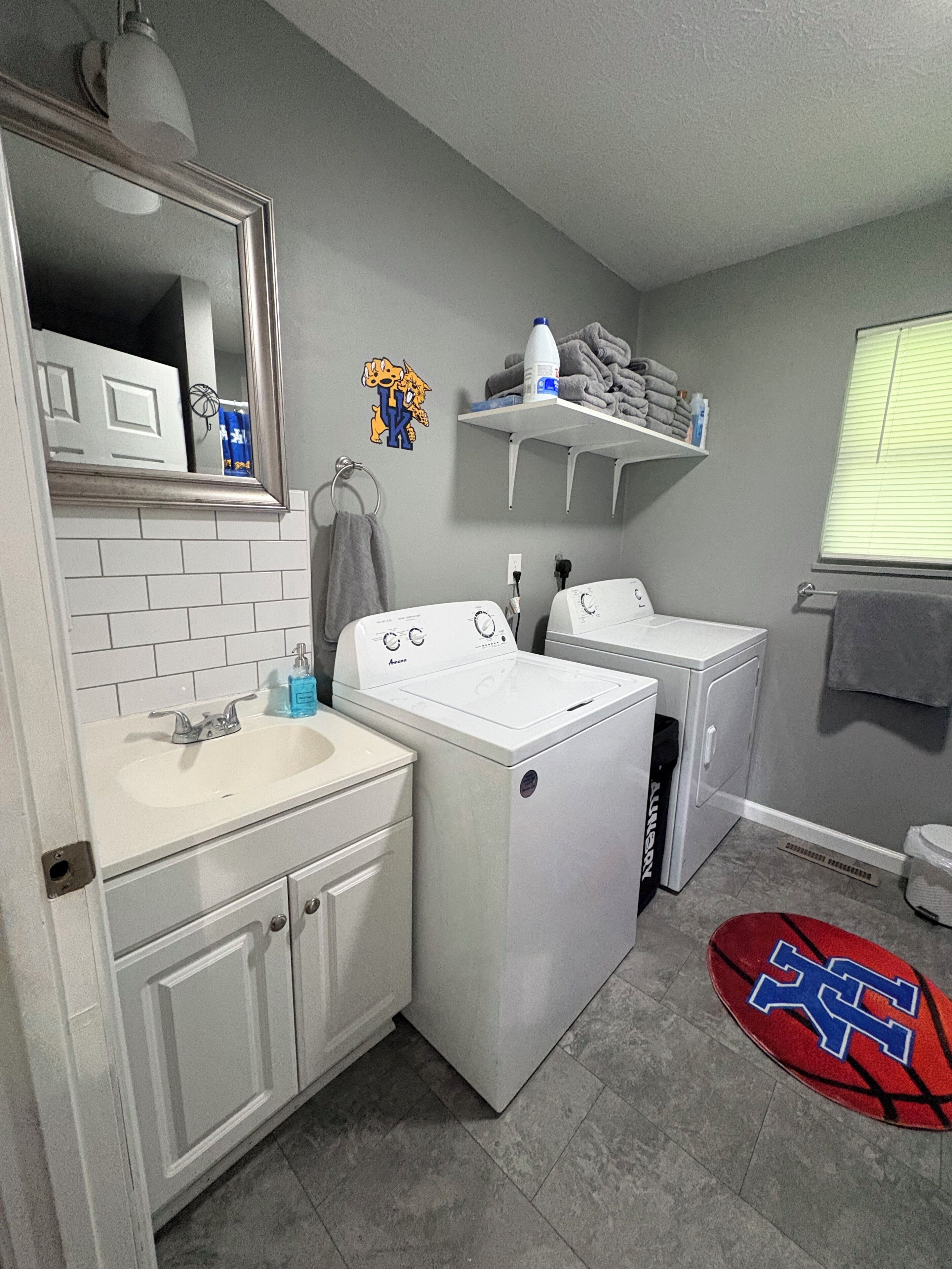 Hair dryer, towels, soap, toilet paper