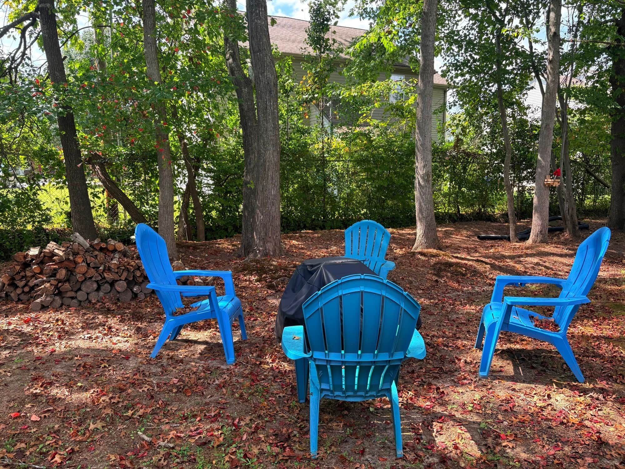 Three blue chairs arranged in a semi-circle facing a pile of logs and a building in the background.