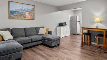 Smart TV, fireplace, books