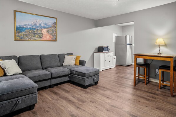 Smart TV, fireplace, books