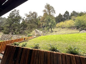 A fenced outdoor area with a grassy field, trees, and a stone wall.