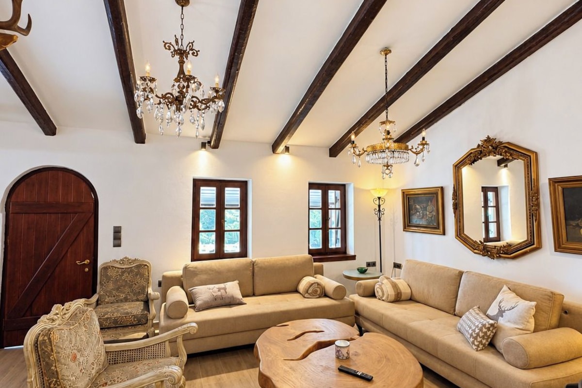 Amplia sala de estar con techo alto, vigas de madera a la vista, un gran sofá, una mesa redonda de centro y una silla decorativa.