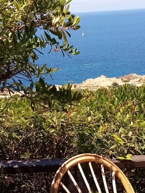 Vista costera con una silla, follaje y un velero distante.