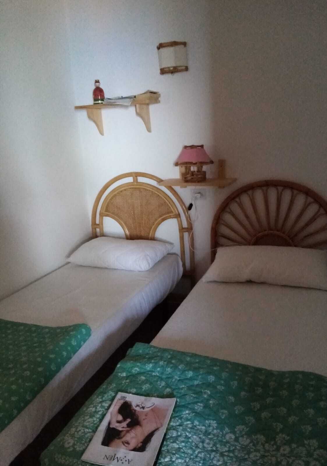 Une chambre avec deux lits simples, chacun doté d’une tête de lit en bois et d’une couvre-lit à motifs floraux verts. Une petite étagère avec une lampe et un objet décoratif se trouve au-dessus d’un des lits.
