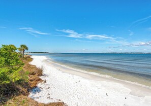A beach with clear skies, a sandy shore, and sparse vegetation. - 🔥 🏖️ Gone To The Beach: Firepit, Community Pool + Steps to Navarre Beach! (Navarre Beach)