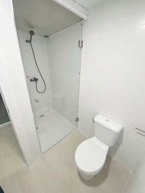 Shower, towels, soap, toilet paper