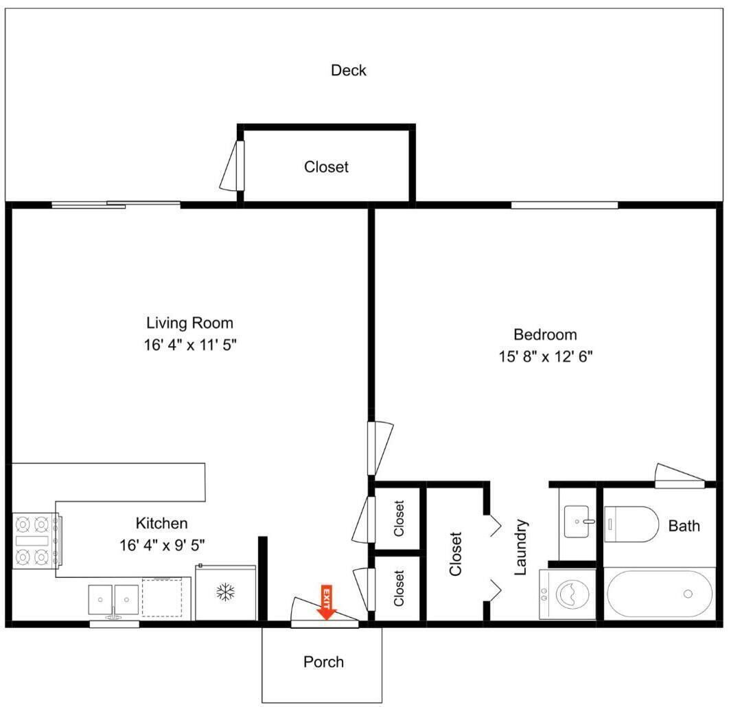 A floor plan with a deck, closet, living room, bedroom, kitchen, bathroom, and porch.