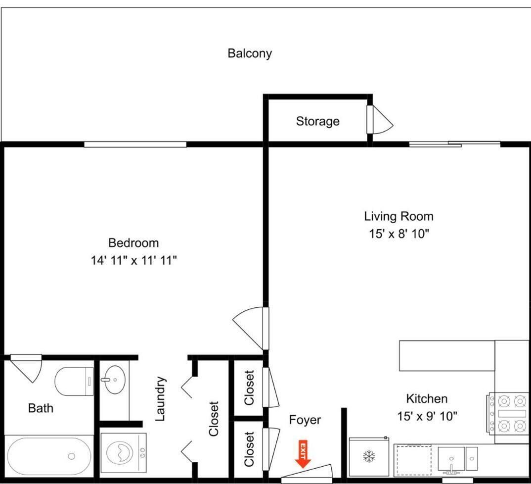 A floor plan with a bedroom, living room, bathroom, closet, foyer, storage, and kitchen.