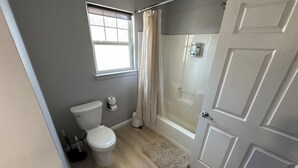Een badkamer met toilet, douche en een deur.