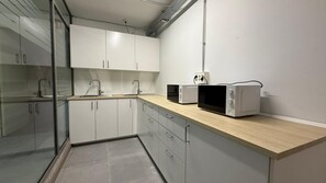 Fridge, microwave, coffee/tea maker, electric kettle