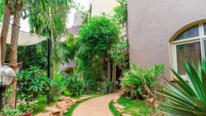 Um caminho de jardim que leva a um edifício com uma janela, cercado por diversas plantas e um vaso.