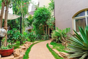 A garden pathway leading to a building with a window, surrounded by various plants and a potted plant.