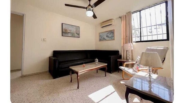 Ein Wohnzimmer mit schwarzem Sofa, einem Holztisch, einer Lampe und einem Deckenventilator.