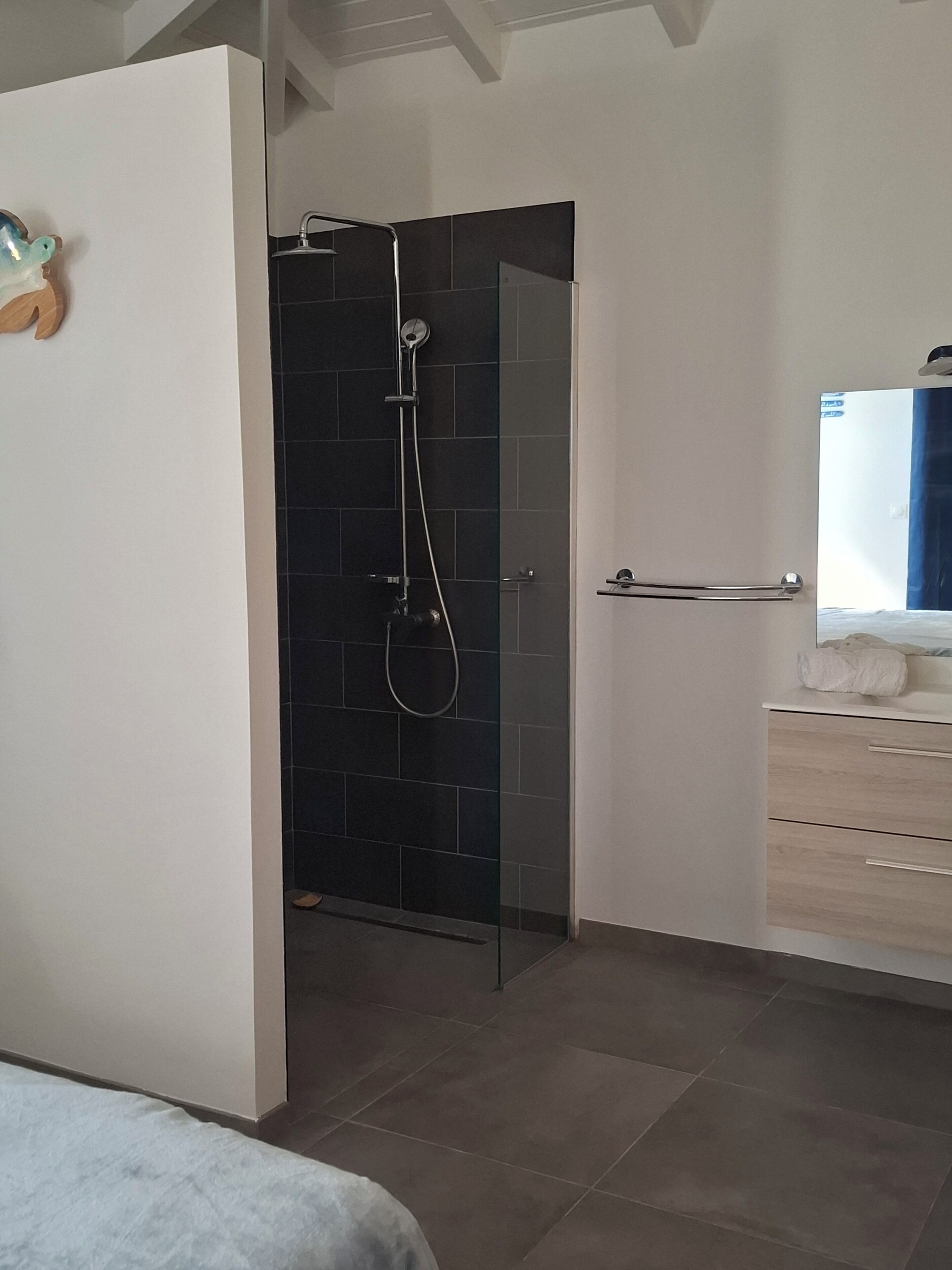 Douche, serviettes fournies, savon, papier toilette
