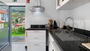 Eine moderne Küche mit einer Edelstahl-Dunstabzugshaube, einem Spülbecken mit Geschirrgestell und Blick auf eine grüne Landschaft durch die Tür.