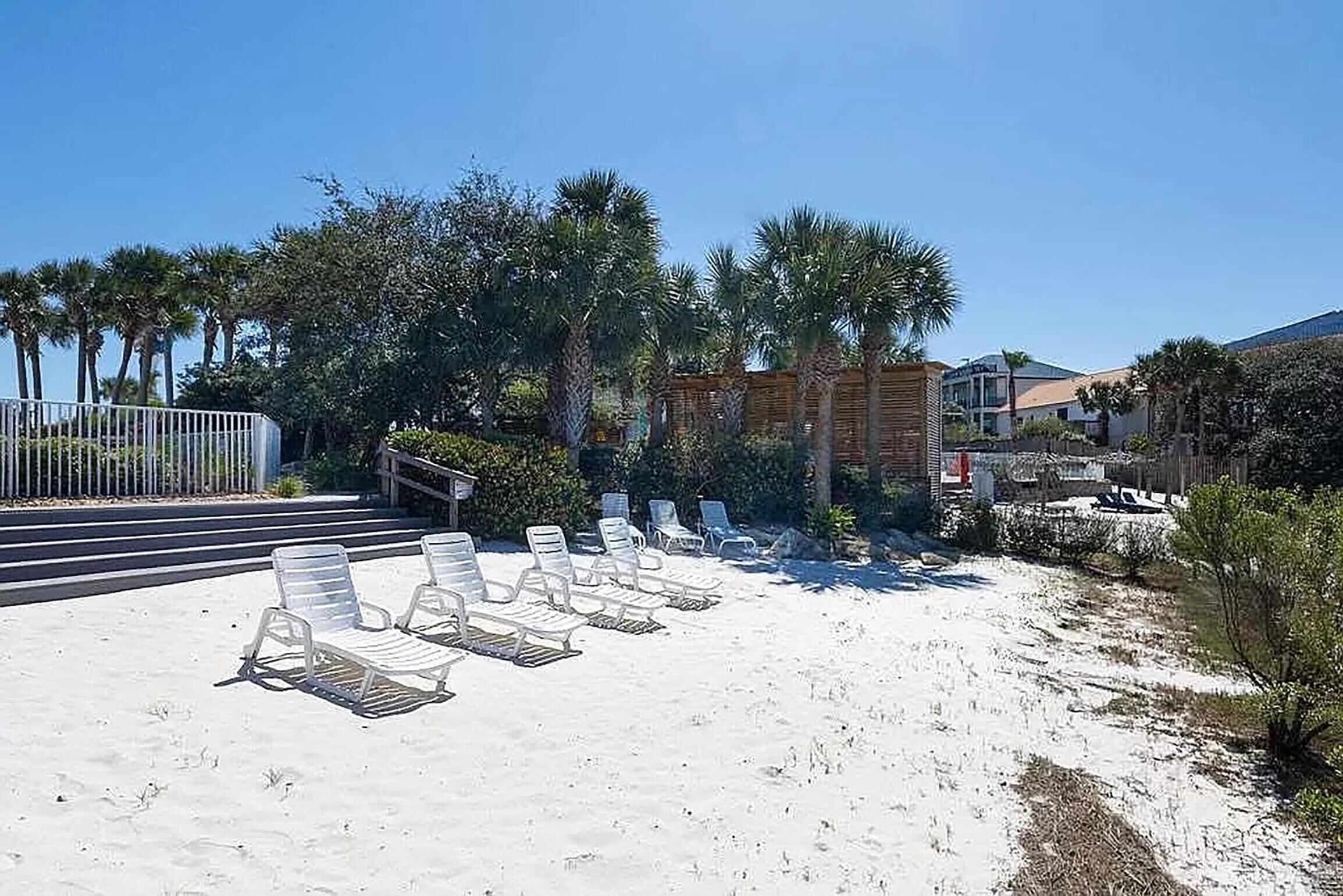 A beachside area with white lounge chairs arranged in rows, a wooden fence, and palm trees.