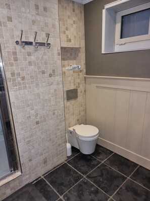 Douche, séchoir à cheveux, serviettes fournies, savon