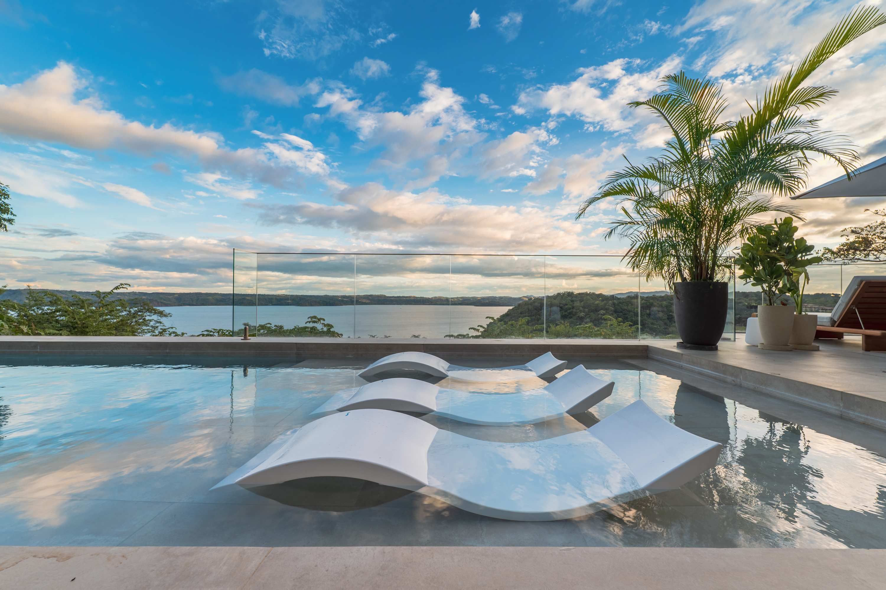 Una piscina infinita moderna con sillones de descanso, una planta grande en maceta y vistas a un lago y colinas.