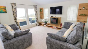 A living room with two grey sofas, a flat-screen TV, a wooden entertainment unit, and a window with curtains. - Wernlas Lodge (Swansea)
