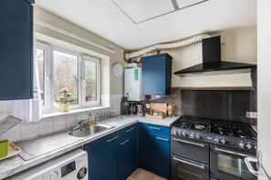 Eine kleine Küche mit Herd, Backofen und Spüle.