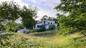 Ein rustikales Haus mit einer Steinwand, umgeben von üppigem Grün und Bäumen.