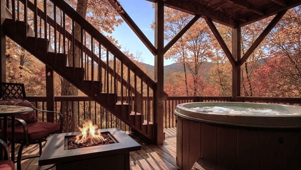 Une terrasse en bois avec un jacuzzi, un foyer et un escalier.