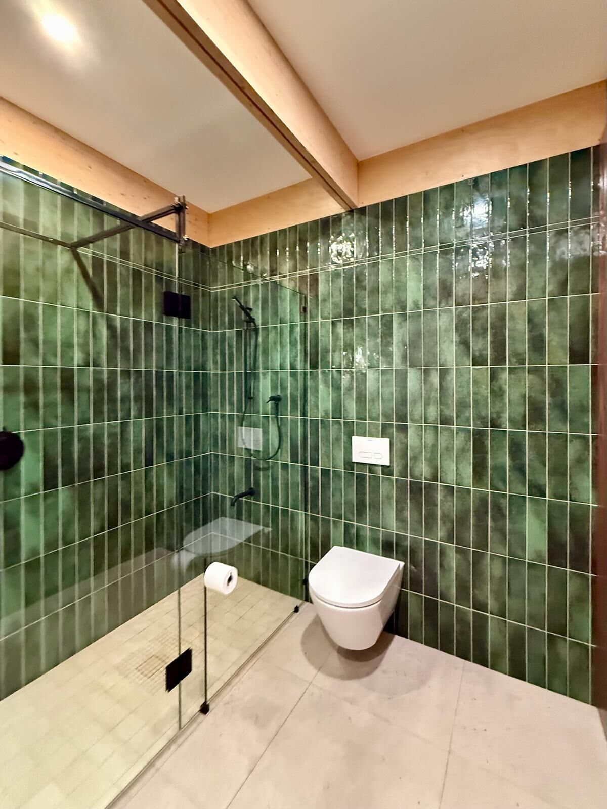 Een douche, handdoeken, toiletpapier