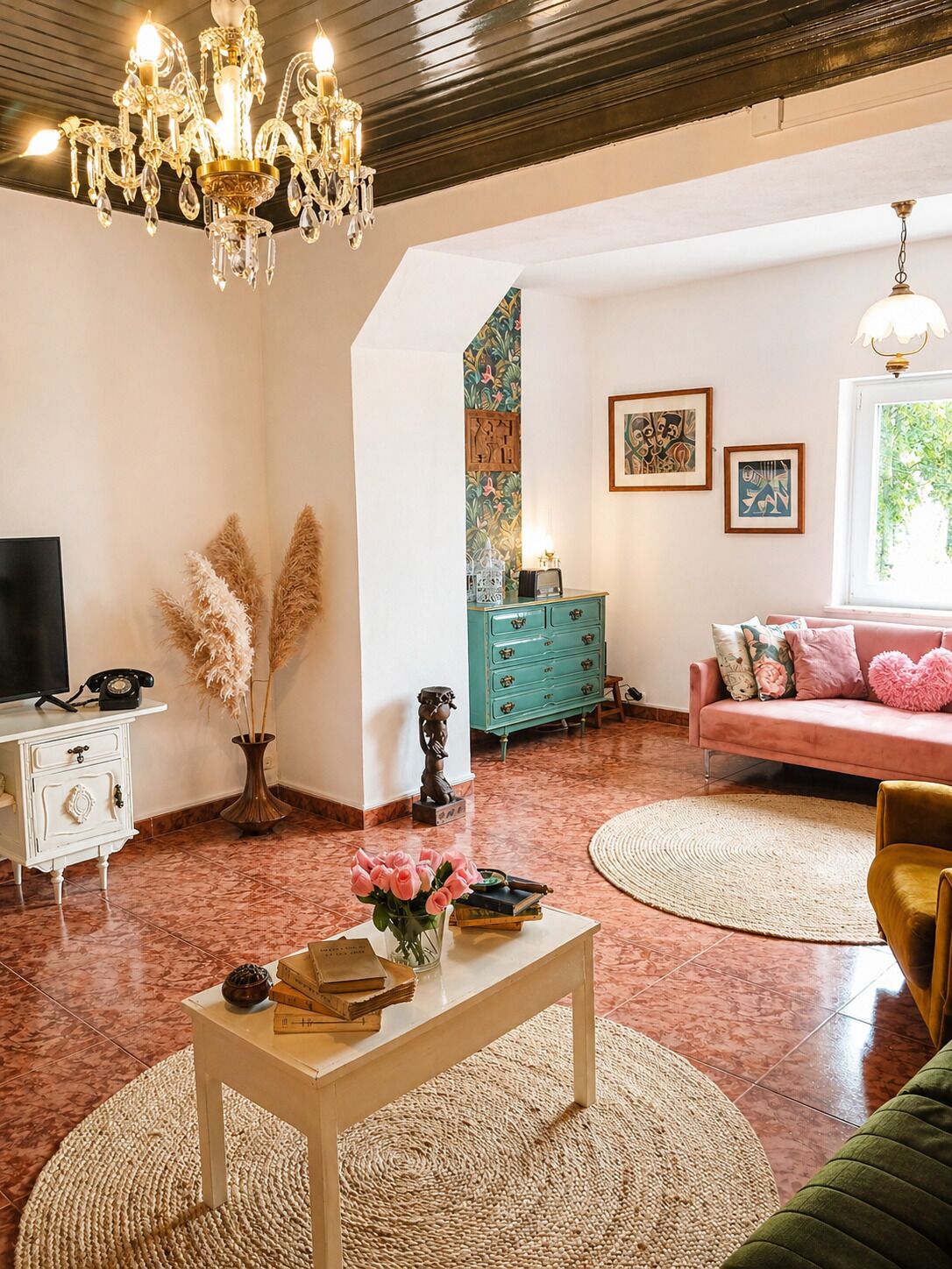 Smart TV, fireplace, books
