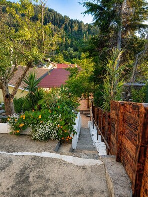 A staircase leading to a house with a red roof, surrounded by greenery and trees. - An Encantada | Spa & Vista 180° | Casa de Artista (Alqueve - Folques)