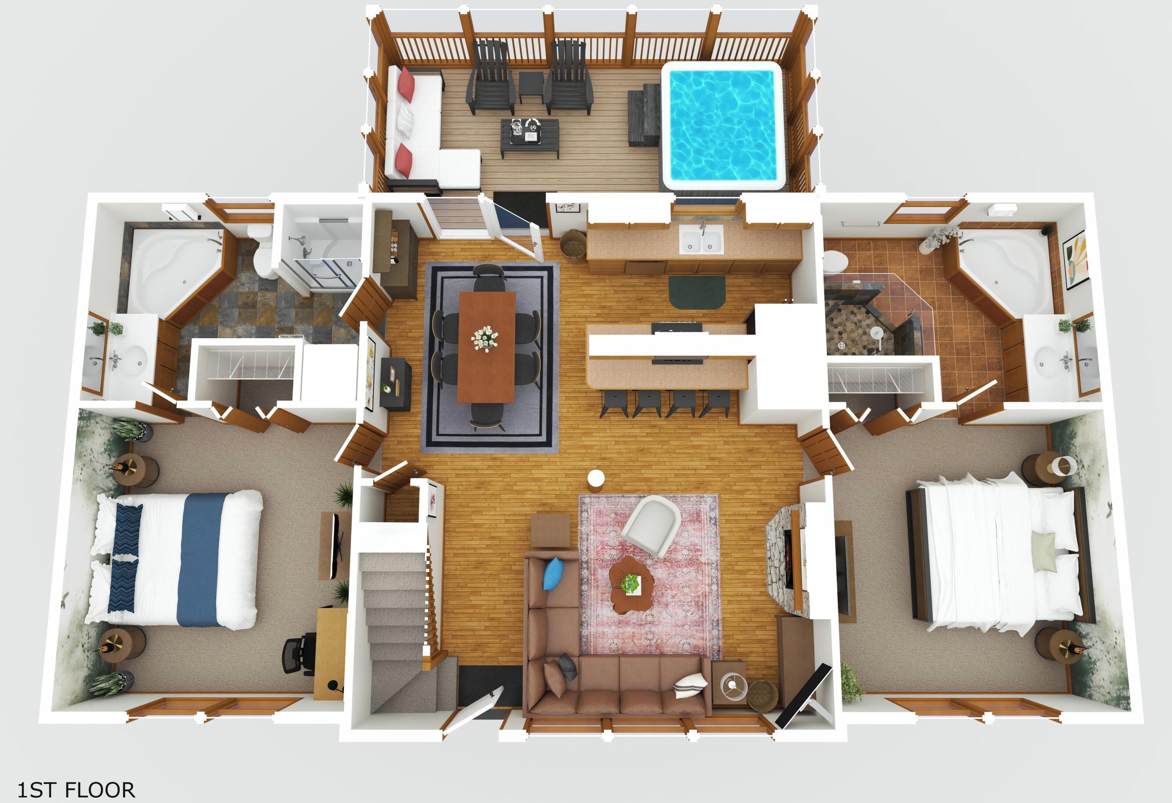Un appartement situé au premier étage, comprenant une piscine, plusieurs chambres, un coin repas et une cuisine.