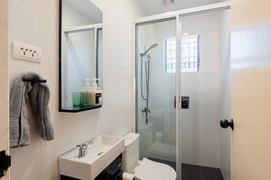 Shower, towels, soap, toilet paper