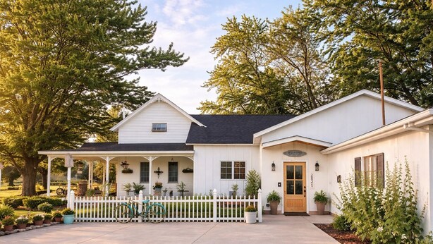 Une maison blanche à deux étages, dotée d’un porche, d’un garage et d’une allée.