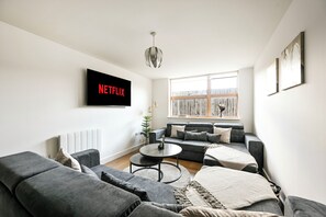 Un saló modern amb un sofà gris, una taula de centre i una televisió que mostra 'NETFLIX'.