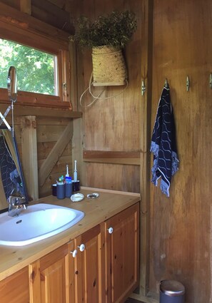 Hair dryer, towels, soap, toilet paper