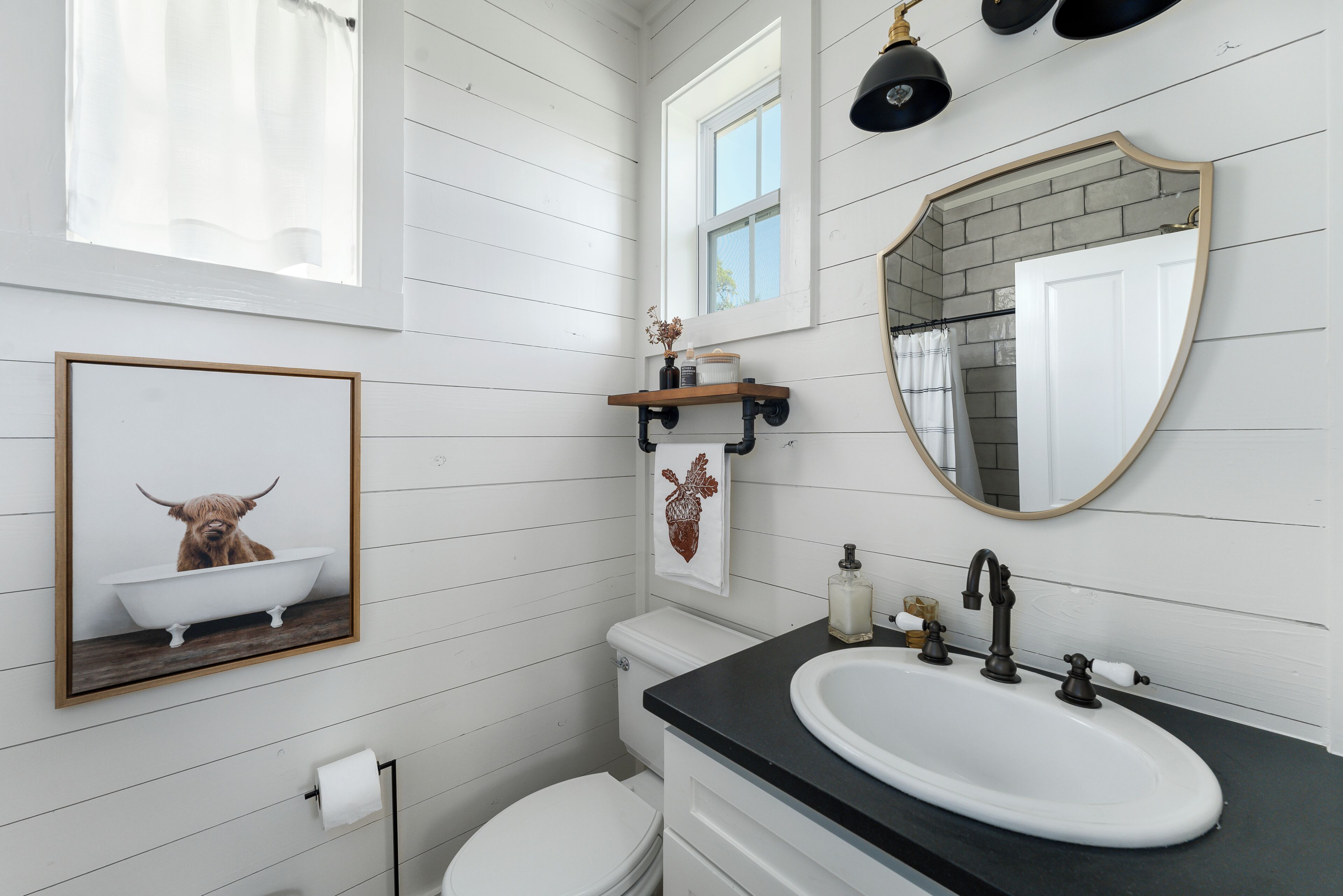 Shower, towels, soap, toilet paper