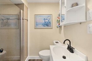 Hair dryer, towels, soap, shampoo