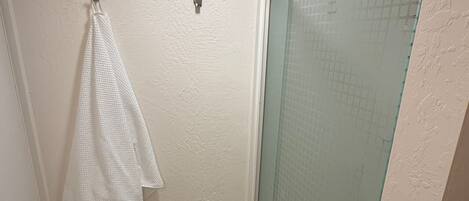 Shower, towels, toilet paper