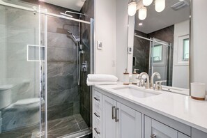 Hair dryer, towels, soap, toilet paper