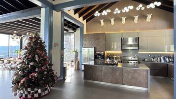 A modern kitchen with a large island, a Christmas tree, and a view of the outdoors.