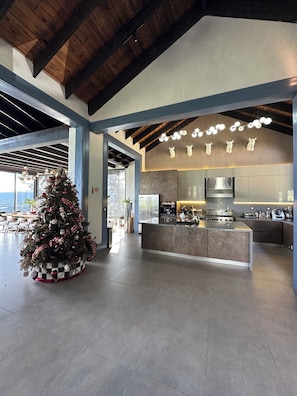 Eine moderne Küche mit einer großen Kochinsel, einem Weihnachtsbaum und Blick ins Freie.