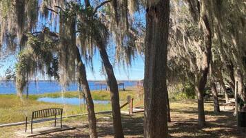 A park with a bench, trees, and a body of water in the background.