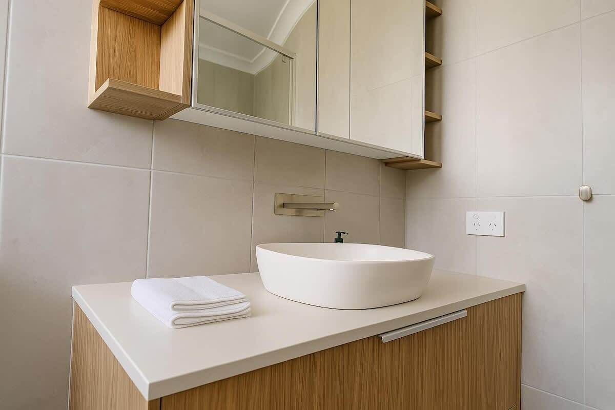 A modern bathroom with a white vessel sink, wooden cabinetry, and a mirror above the sink.