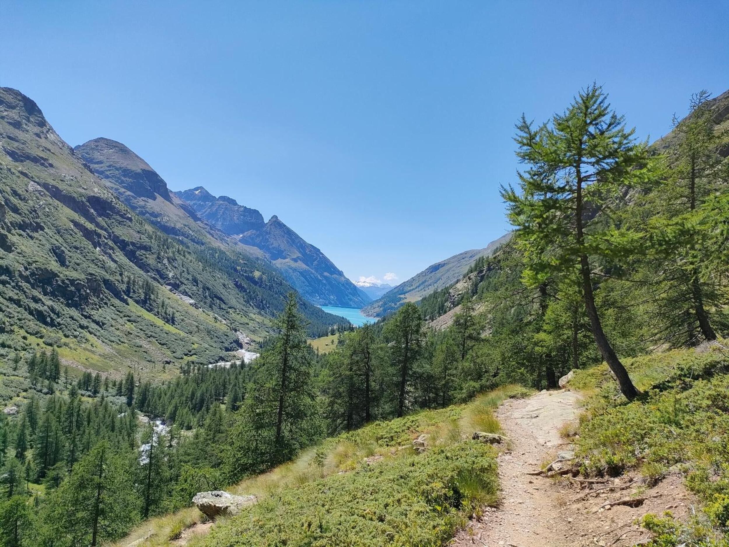 A mountainous landscape with a clear sky, a lake, and a dirt path.