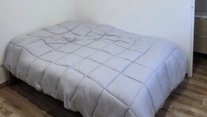 Un dormitorio con cama, piso de madera, paredes blancas e iluminación empotrada en el techo.