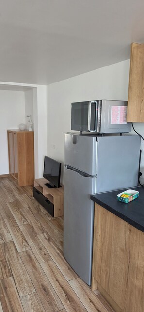 A compact kitchen with a microwave, refrigerator, and wooden cabinets. - Apartment with garden near Paris (Créteil)